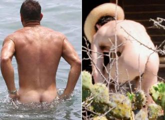 Atores Ivan Sanchez e Elliott Wright pelado em praia